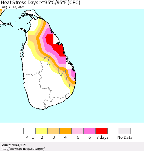 Sri Lanka Heat Stress Days >=35°C/95°F (CPC) Thematic Map For 8/7/2023 - 8/13/2023