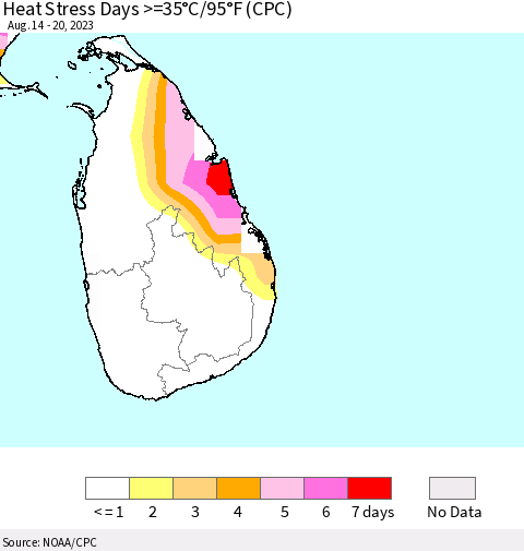 Sri Lanka Heat Stress Days >=35°C/95°F (CPC) Thematic Map For 8/14/2023 - 8/20/2023