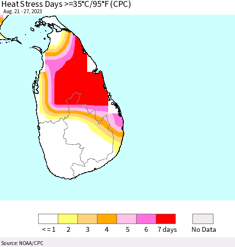 Sri Lanka Heat Stress Days >=35°C/95°F (CPC) Thematic Map For 8/21/2023 - 8/27/2023