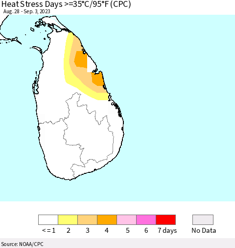 Sri Lanka Heat Stress Days >=35°C/95°F (CPC) Thematic Map For 8/28/2023 - 9/3/2023