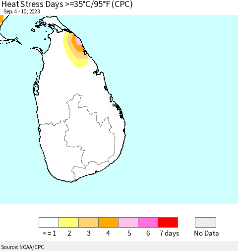 Sri Lanka Heat Stress Days >=35°C/95°F (CPC) Thematic Map For 9/4/2023 - 9/10/2023