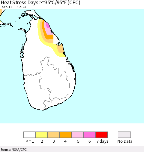 Sri Lanka Heat Stress Days >=35°C/95°F (CPC) Thematic Map For 9/11/2023 - 9/17/2023