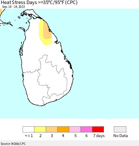 Sri Lanka Heat Stress Days >=35°C/95°F (CPC) Thematic Map For 9/18/2023 - 9/24/2023