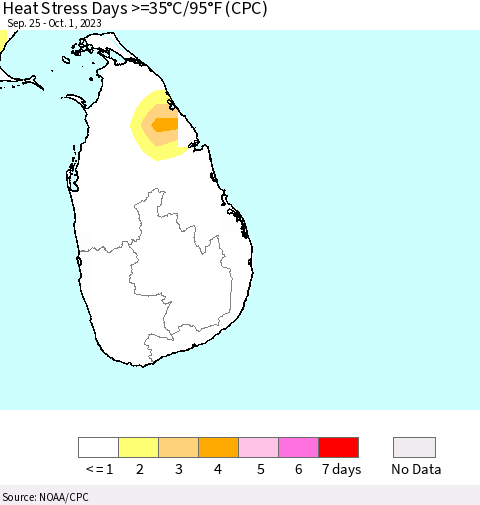 Sri Lanka Heat Stress Days >=35°C/95°F (CPC) Thematic Map For 9/25/2023 - 10/1/2023
