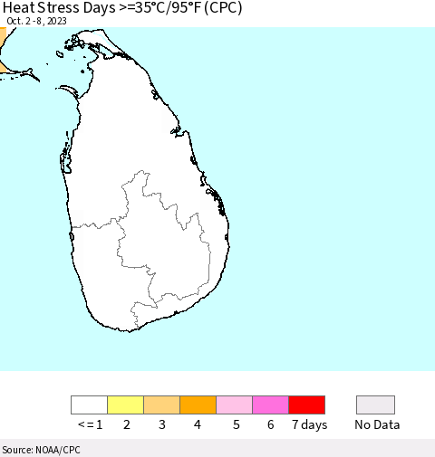 Sri Lanka Heat Stress Days >=35°C/95°F (CPC) Thematic Map For 10/2/2023 - 10/8/2023