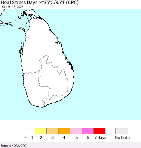 Sri Lanka Heat Stress Days >=35°C/95°F (CPC) Thematic Map For 10/9/2023 - 10/15/2023