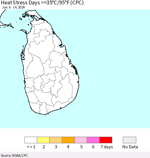 Sri Lanka Heat Stress Days >=35°C/95°F (CPC) Thematic Map For 1/8/2024 - 1/14/2024