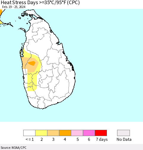 Sri Lanka Heat Stress Days >=35°C/95°F (CPC) Thematic Map For 2/19/2024 - 2/25/2024