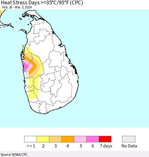 Sri Lanka Heat Stress Days >=35°C/95°F (CPC) Thematic Map For 2/26/2024 - 3/3/2024