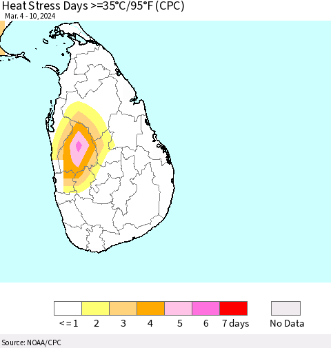 Sri Lanka Heat Stress Days >=35°C/95°F (CPC) Thematic Map For 3/4/2024 - 3/10/2024