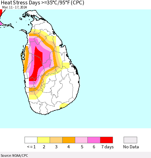Sri Lanka Heat Stress Days >=35°C/95°F (CPC) Thematic Map For 3/11/2024 - 3/17/2024