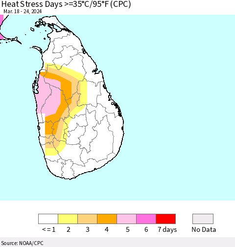 Sri Lanka Heat Stress Days >=35°C/95°F (CPC) Thematic Map For 3/18/2024 - 3/24/2024