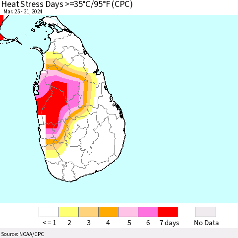 Sri Lanka Heat Stress Days >=35°C/95°F (CPC) Thematic Map For 3/25/2024 - 3/31/2024