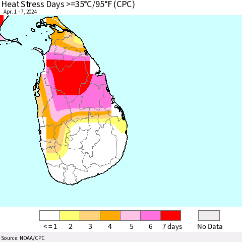 Sri Lanka Heat Stress Days >=35°C/95°F (CPC) Thematic Map For 4/1/2024 - 4/7/2024