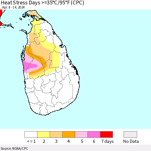 Sri Lanka Heat Stress Days >=35°C/95°F (CPC) Thematic Map For 4/8/2024 - 4/14/2024