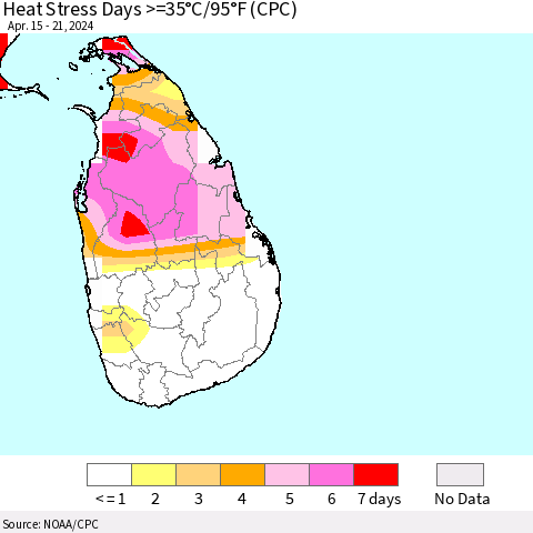Sri Lanka Heat Stress Days >=35°C/95°F (CPC) Thematic Map For 4/15/2024 - 4/21/2024
