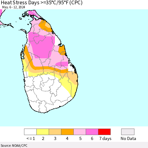 Sri Lanka Heat Stress Days >=35°C/95°F (CPC) Thematic Map For 5/6/2024 - 5/12/2024