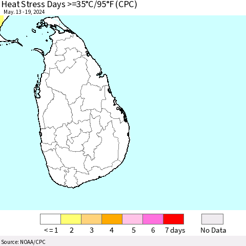 Sri Lanka Heat Stress Days >=35°C/95°F (CPC) Thematic Map For 5/13/2024 - 5/19/2024