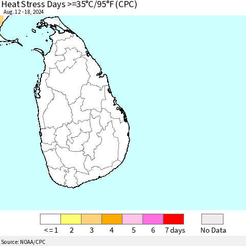 Sri Lanka Heat Stress Days >=35°C/95°F (CPC) Thematic Map For 8/12/2024 - 8/18/2024