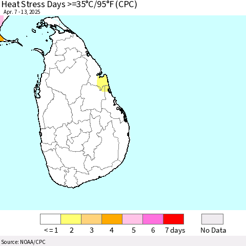 Sri Lanka Heat Stress Days >=35°C/95°F (CPC) Thematic Map For 4/7/2025 - 4/13/2025