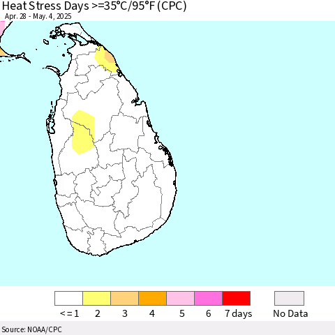 Sri Lanka Heat Stress Days >=35°C/95°F (CPC) Thematic Map For 4/28/2025 - 5/4/2025