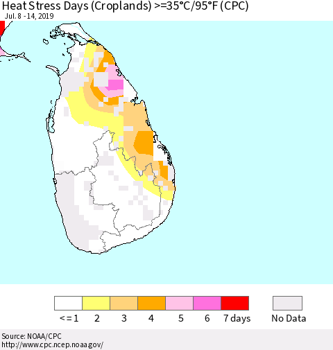 Sri Lanka Heat Stress Days (Croplands) >=35°C/95°F (CPC) Thematic Map For 7/8/2019 - 7/14/2019