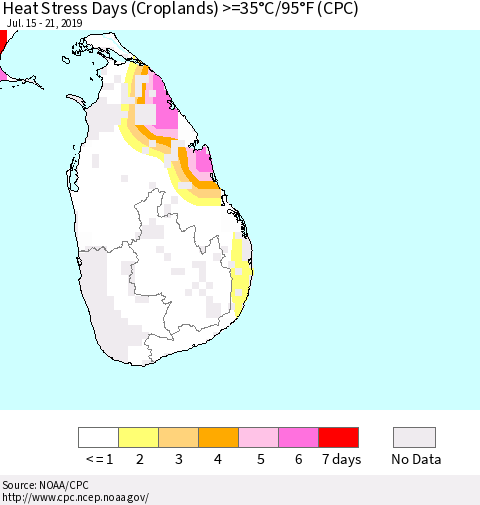 Sri Lanka Heat Stress Days (Croplands) >=35°C/95°F (CPC) Thematic Map For 7/15/2019 - 7/21/2019