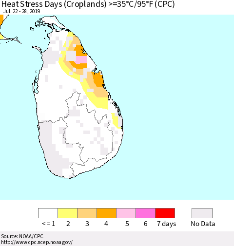 Sri Lanka Heat Stress Days (Croplands) >=35°C/95°F (CPC) Thematic Map For 7/22/2019 - 7/28/2019