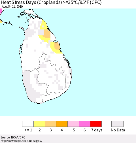 Sri Lanka Heat Stress Days (Croplands) >=35°C/95°F (CPC) Thematic Map For 8/5/2019 - 8/11/2019