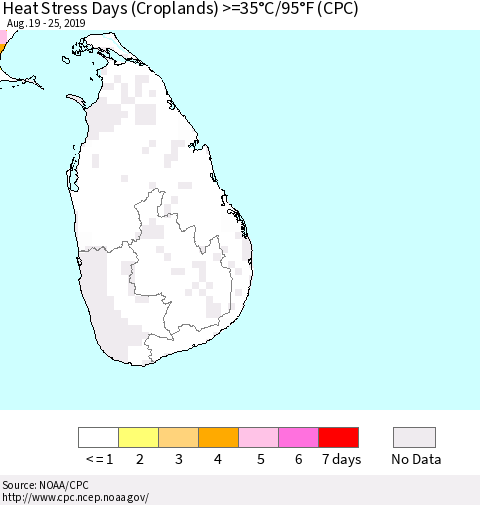 Sri Lanka Heat Stress Days (Croplands) >=35°C/95°F (CPC) Thematic Map For 8/19/2019 - 8/25/2019