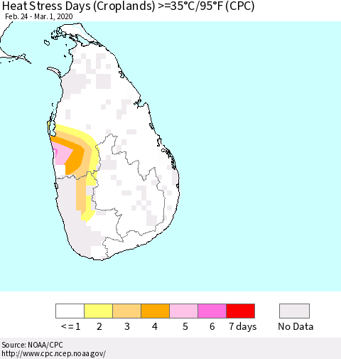 Sri Lanka Heat Stress Days (Croplands) >=35°C/95°F (CPC) Thematic Map For 2/24/2020 - 3/1/2020