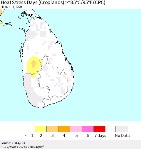 Sri Lanka Heat Stress Days (Croplands) >=35°C/95°F (CPC) Thematic Map For 3/2/2020 - 3/8/2020