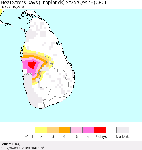 Sri Lanka Heat Stress Days (Croplands) >=35°C/95°F (CPC) Thematic Map For 3/9/2020 - 3/15/2020