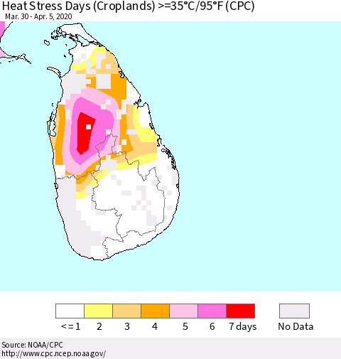 Sri Lanka Heat Stress Days (Croplands) >=35°C/95°F (CPC) Thematic Map For 3/30/2020 - 4/5/2020
