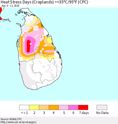 Sri Lanka Heat Stress Days (Croplands) >=35°C/95°F (CPC) Thematic Map For 4/6/2020 - 4/12/2020