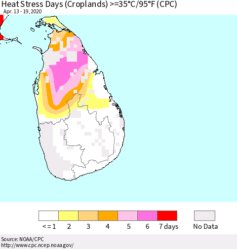 Sri Lanka Heat Stress Days (Croplands) >=35°C/95°F (CPC) Thematic Map For 4/13/2020 - 4/19/2020
