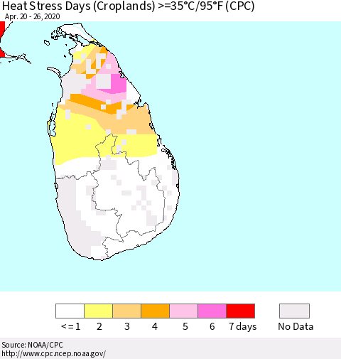 Sri Lanka Heat Stress Days (Croplands) >=35°C/95°F (CPC) Thematic Map For 4/20/2020 - 4/26/2020