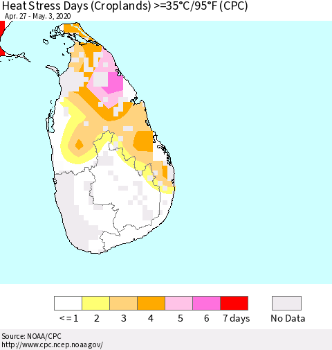 Sri Lanka Heat Stress Days (Croplands) >=35°C/95°F (CPC) Thematic Map For 4/27/2020 - 5/3/2020
