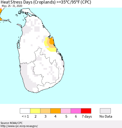 Sri Lanka Heat Stress Days (Croplands) >=35°C/95°F (CPC) Thematic Map For 5/25/2020 - 5/31/2020