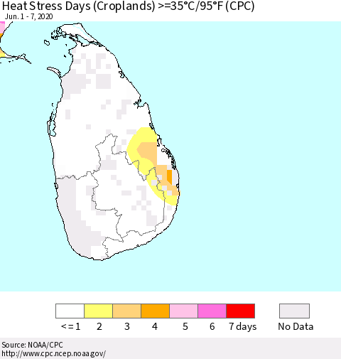 Sri Lanka Heat Stress Days (Croplands) >=35°C/95°F (CPC) Thematic Map For 6/1/2020 - 6/7/2020