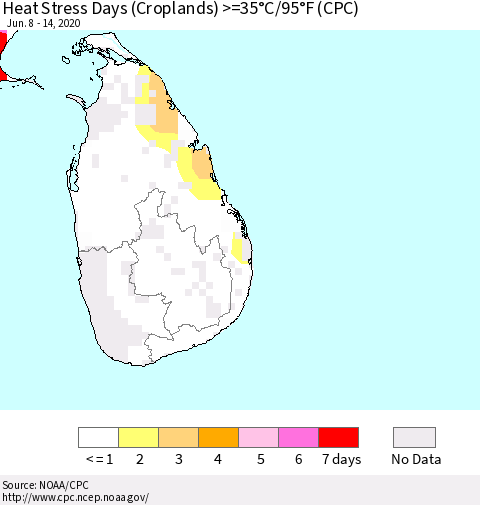 Sri Lanka Heat Stress Days (Croplands) >=35°C/95°F (CPC) Thematic Map For 6/8/2020 - 6/14/2020