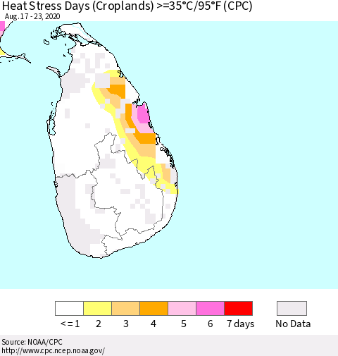 Sri Lanka Heat Stress Days (Croplands) >=35°C/95°F (CPC) Thematic Map For 8/17/2020 - 8/23/2020