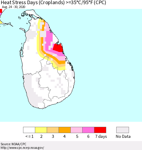 Sri Lanka Heat Stress Days (Croplands) >=35°C/95°F (CPC) Thematic Map For 8/24/2020 - 8/30/2020