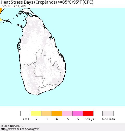 Sri Lanka Heat Stress Days (Croplands) >=35°C/95°F (CPC) Thematic Map For 9/28/2020 - 10/4/2020