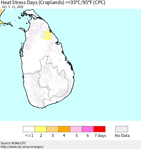 Sri Lanka Heat Stress Days (Croplands) >=35°C/95°F (CPC) Thematic Map For 10/5/2020 - 10/11/2020