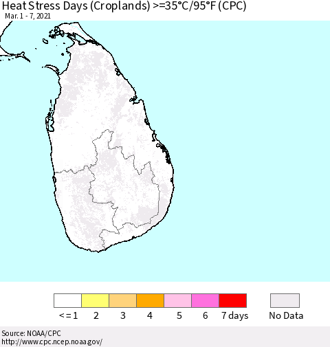Sri Lanka Heat Stress Days (Croplands) >=35°C/95°F (CPC) Thematic Map For 3/1/2021 - 3/7/2021