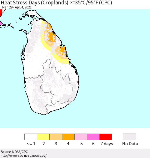 Sri Lanka Heat Stress Days (Croplands) >=35°C/95°F (CPC) Thematic Map For 3/29/2021 - 4/4/2021