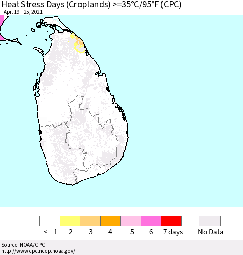 Sri Lanka Heat Stress Days (Croplands) >=35°C/95°F (CPC) Thematic Map For 4/19/2021 - 4/25/2021