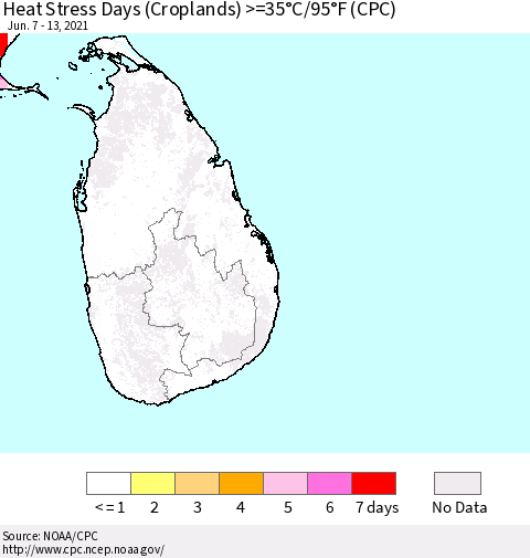 Sri Lanka Heat Stress Days (Croplands) >=35°C/95°F (CPC) Thematic Map For 6/7/2021 - 6/13/2021
