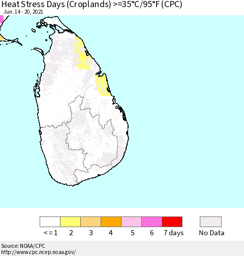 Sri Lanka Heat Stress Days (Croplands) >=35°C/95°F (CPC) Thematic Map For 6/14/2021 - 6/20/2021